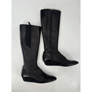 Prada Boots Womens 39 Black Leather Knee High Zip Up Wedge Elastic Nylon Panel